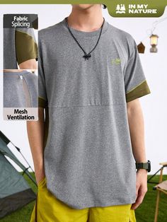 Men's Contrast Color Panel Round Neck Short Sleeve Printed Outdoor T-Shirt Back To School Gym Clothe Hiking Outfit Cropped Undershirt Plain T Shirt Grey   Short Sleeve Knitted Fabric Colorblock,Letter  Medium Stretch  Men Outdoor Apparel, size features are:Bust: ,Length: ,Sleeve Length: School Gym, Plain T Shirt, Outdoor Pants, Elegant Dresses Long, T-shirts & Tank Tops, Plain Tshirt, Hiking Outfit, Grey Shorts, Outdoor Apparel