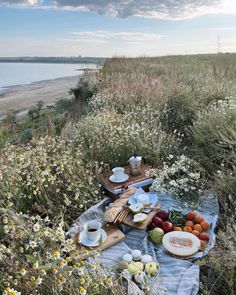 a picnic table with food and drinks on it near the water's edge, in front of some wildflowers