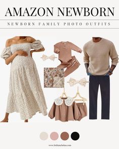 an advertisement for the amazon newborn family photo outfits, featuring two women and one man