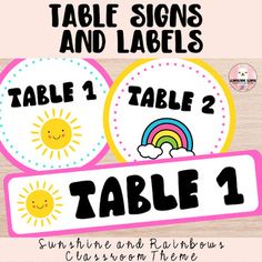 table signs and labels for children's rainbow themed birthday party or baby shower decorations