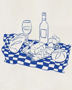 a blue and white drawing of food on a checkered table cloth with wine glass