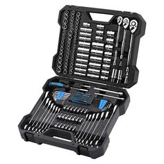 a tool set in a black case with tools inside it on a white background, including screwdrives and wrench sets