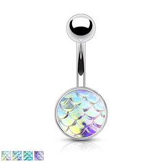 Surgical Steel Navel Belly Button Ring Piercing Area: Navel, Belly Button Bar Size: 14GA (1.6 mm) Bar Length: 3/8" (10 mm) Ball Size: 5 mm Material: 316L Surgical Steel / Brass Stone Material: Synthetic Stone Sold by: 1 Piece Iridescent Fish, Crystal Plugs, Fake Plugs, Stone Plugs, Piercing Shop, Belly Bars, Fake Piercing, Fish Scale, Belly Button Piercing