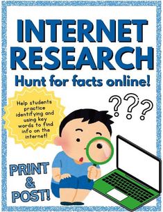 an internet research poster with a boy looking through a magnifying glass at a laptop