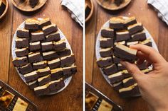 two pictures showing the process of making brownies with marshmallows on top