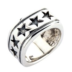 "handmade of 925 sterling silver; the ring's interior is stamped with 925 hallmark; ring's weight: 17 grams; its width is 12 mm (1/2\"). The stars are strewn all over a band made of sterling silver. While the band provides a carefully polished white backdrop, the stars display a dark finish courtesy of blackening. We intentionally made them rugged, coarse, and hand-drawn to showcase their individuality. The stars as if dance because we placed them at different angles. Both edgings of the ring ca Mens Band Rings, Diamond Eyes, Unique Wedding Bands, White Backdrop, Love Stars, Men's Jewelry Rings, Star Ring, Sterling Silver Mens, Mens Band