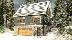 a painting of a house in the snow with trees around it and snow falling on the ground