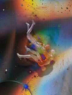 an abstract painting of a person falling from a sky with stars and planets in the background