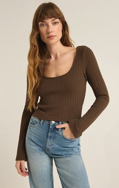 Switch up your casual look with this bra-friendly, fitted scoop neck top, crafted from a heavyweight slub rib fabric. Designed to flatter, this crop top offers effortless style no matter where your day takes you. Z SUPPLY Women's Madeline Rib Long Sleeve Top, Dark Chocolate, Small Moroccan Oil Hair, Hair Socks, Rib Top, Rib Fabric, Scoop Neck Long Sleeve, Scoop Neck Top, Scarf Hairstyles, Ribbed Fabric, Scoop Neckline