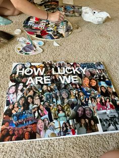 a woman is laying on the floor next to a magazine with pictures of her friends