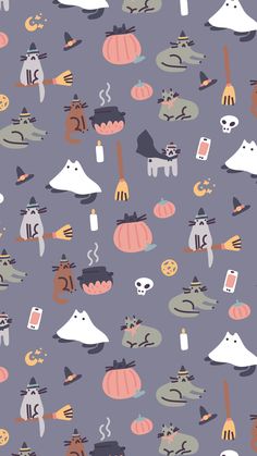 halloween seamless wallpaper with cats, ghostes and pumpkins on purple background