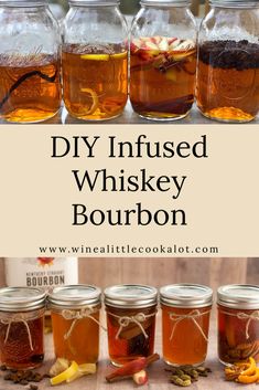 four mason jars filled with different types of drinks and the words diy infused whiskey bourbon