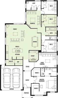 the floor plan for a two story home with three car garages and an attached living area