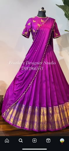 Velvet Half Saree, Bandhini Dupatta Lehenga, Half Pattu Sarees, Langa Davani Designs Traditional Blouse, Ghagra Designs From Old Saree, Half Saree Maggam Work Designs, Pattu Lehanga Designs Latest For Women, Mangalgiri Half Saree, Purple And Gold Lehenga