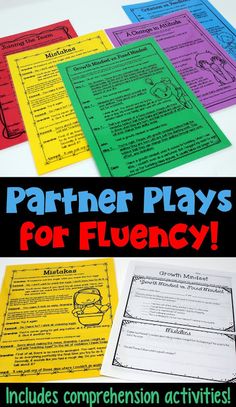 four different types of papers with the words partner plays for fluency on them