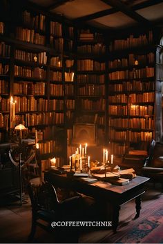 an old library filled with lots of books and lit candles in front of the bookshelves