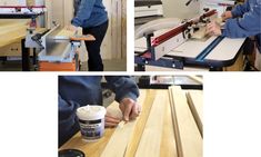 three pictures showing the process of making wooden planks with a router and table saw