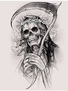 a drawing of a skeleton with a crown on his head and holding a knife in it's hand