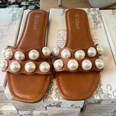 Brand New Pearl Studded Sandals Trendy Flat Sandals For Brunch, Flat Synthetic Sandals For Brunch, Studded Sandals, Pearl Studs, Style Board, Women's Shoes Sandals, Shoes Sandals, Cream, Brand New