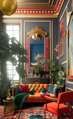 a living room filled with lots of colorful furniture and decor on top of a rug