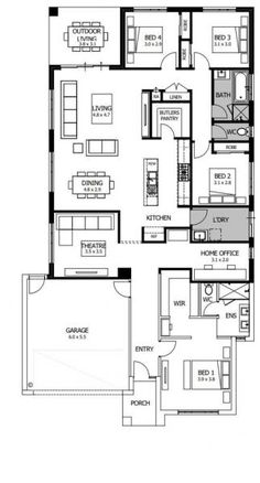 the floor plan for an apartment with three bedroom and two bathrooms, one living room