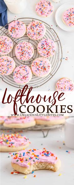 pink sprinkle cookies with white frosting and colorful sprinkles