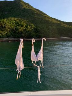 two white towels hanging on a rope over the water in front of a mountain range