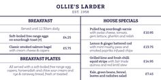 the menu for ollie's larderr