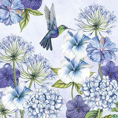 a painting of blue and white flowers with a hummingbird flying over them