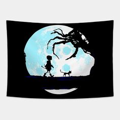 a girl and her cat walking in front of a full moon with the silhouette of a tree