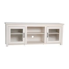 a white entertainment center with glass doors and shelves on each side, in front of a white background