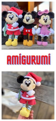 crocheted mickey and minnie mouse amigurmi dolls are shown in two different photos