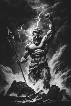 Zeus Vs Hades Tattoo, Zeus God Tattoo, Roman God Tattoo, Hades Tattoo Design Greek Mythology, Greek Gods Tattoo Design, Greek Mythology Tattoos Sleeve Ideas, Man Chest Tattoo, Greek God Poseidon Art, Tattoos Greek Mythology