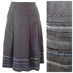 * New With Store Tags * Retail $350 Yansi Fugel Is An Upscale Designer Sold Mainly In High End Boutiques And And Department Stores Throughout The World. Great Versatile Light Weight Skirt * Black With A Metallic Blue/Black Pinstripe Through It * 56% Linen, 40% Cotton, 3% Rayon Size 2 Waist 28" Hips 34" Size 4 Waist 29" Hips 36" Length 23" Size 6 Waist 30" Hips 38" Length 23" Different Stitches, Full Skirts, Department Stores, Closet Size, Metallic Blue, Black Metallic, Skirt Black, Full Skirt, Stitch Pattern