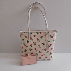 New Absolutely Adorable Kate Spade Jana Tossed Strawberry Printed Tote With Kate Spade Madison Conch Pink Wallet. White Kate Spade Bags With Card Slots, Kate Spade Bag With Removable Pouch As Gift, Kate Spade Bags With Removable Pouch As Gift, Kate Spade Bags With Card Slots For Gift, Nightmare Before Christmas Purse, Strawberry Tote Bag, Pink Wallet, Strawberry Print, Kate Spade Bags