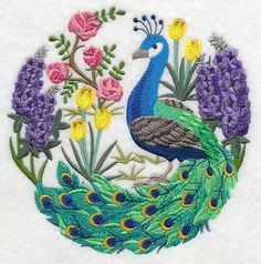 a peacock with flowers in the background