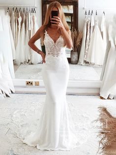 Exquisite V Neck Mermaid Bridal Gown with Scalloped Lace Train Wedding Dress AWD2008-SheerGirl Form Fitting Wedding Dress Open Back, Wedding Dresses Mermaid Trumpet, Formal Wedding Dresses, Crepe Wedding Dress, White Mermaid, Cathedral Train, Bridal Gowns Mermaid, Wedding Dress Train, Backless Wedding