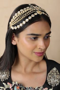 22kt matte gold plated phool mathapatti with stones and pearl string embellishments. - Aza Fashions Borla With Matha Patti, Pipal Patti Jewellery, Oxidised Matha Patti, Pearl Mathapatti, Matha Patti Gold Jewellery, White Pearl, Matte Gold, White Silver, Aza Fashion