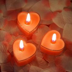 three heart shaped candles sitting on top of petals