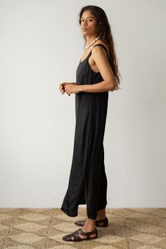 The Silky Cami Dress features a relaxed fit, scoop neck, side slits, and a shelf-bra for support. Made in Los Angeles Chic Slip Dress With Straight Neckline And Side Slits, Relaxed Fit Unlined Maxi Dress For Day Out, Chic Longline Maxi Dress For Loungewear, Longline Loungewear Dress With Side Slits, Longline Lounge Dress With Side Slits, Upcycled Tote, Spring Stripes, Summer Set, Dress Spaghetti