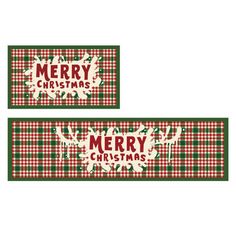 two red and green plaid christmas banners with merry lettering on them, one in the center