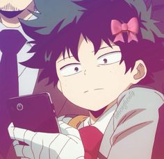 an anime character is looking at his cell phone