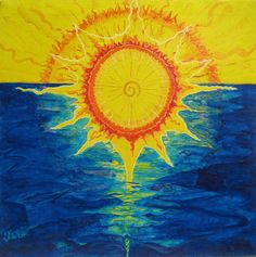 a painting of the sun over water with blue and yellow colors, on a white background