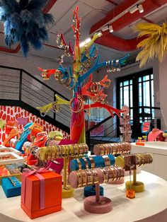 an assortment of colorful objects on display in a store