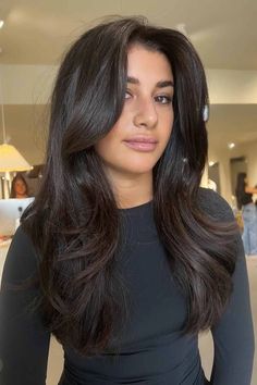 20 Lustrous Long Textured Haircuts | HairAide Long Dark Haircut Straight, Brown Hair Cuts Long, Long Brown Haircuts, Long Black Haircut, 90s Hair Cuts Long, Long Brunette Haircut, Dark Hair Haircut, Long Dark Hair Styles, Medium Length Black Hair