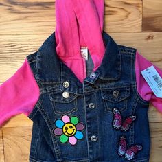 Brand New Arizona Jean Co. Thermal Hooded Jean Jacket, Size 9 Mos., Patchwork Themed Designed Hooded Jean Jackets, Infant Girls, Blue Jean Jacket, Blue Jean, Kids Jacket, Jean Coat, Appliques, Jean Jacket, Birthday Ideas