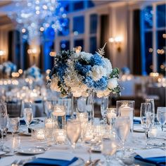 Winter Wonderland Floral Centerpieces, Winter Wonderland Wedding Reception, Winter Wonderland Wedding Centerpieces, Orchid Centerpieces Wedding, Blue Orchid Wedding, Candle Lit Reception, Hydrangea Centerpieces, Winter Wedding Reception, White Floral Decor