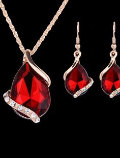 Jewelry Set Drop Earrings For Women's Sapphire Crystal Party Wedding Daily Rose Gold Crystal Rhinestone Pear Cut Solitaire Drop / Pendant Necklace / Necklace / Earrings / Valentine Red Alloy Jewelry For Party, Red Alloy Jewelry As A Gift, Red Crystal Jewelry With Matching Earrings, Elegant Metal Jewelry Sets For Valentine's Day, Red Crystal Drop Earrings, Red Crystal Dangle Jewelry, Red Crystal Jewelry Sets For Valentine's Day, Rhinestone Drop Earrings For Valentine's Day, Red Rhinestone Jewelry Sets As Gift