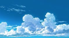 the sky is filled with fluffy clouds and blue water in front of an ocean shore