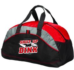 "Design: Shut Up and Dink Carry your gear in comfort and style. This fun pickleball duffel bag is the perfect accessory for all pickleball players needing to keep their gear in one place. This medium sized duffel tote is ideal for all your pickleball activities. The large center compartment allows for plenty of space and the mesh end pocket is perfect for holding a water bottle. Duffel bag comes with an adjustable shoulder strap and the polyester material is durable and easily cleaned. One Size Pickleball Bag Sewing Pattern, Pickleball Bag, Functional Double Handle Gym Bag For On-the-go, Sporty Personalized Sports Bag, Black Sports Bag With Anti-theft Pocket, Duffel Bags, Weights For Women, Sports Bags Gym, Sport Gym